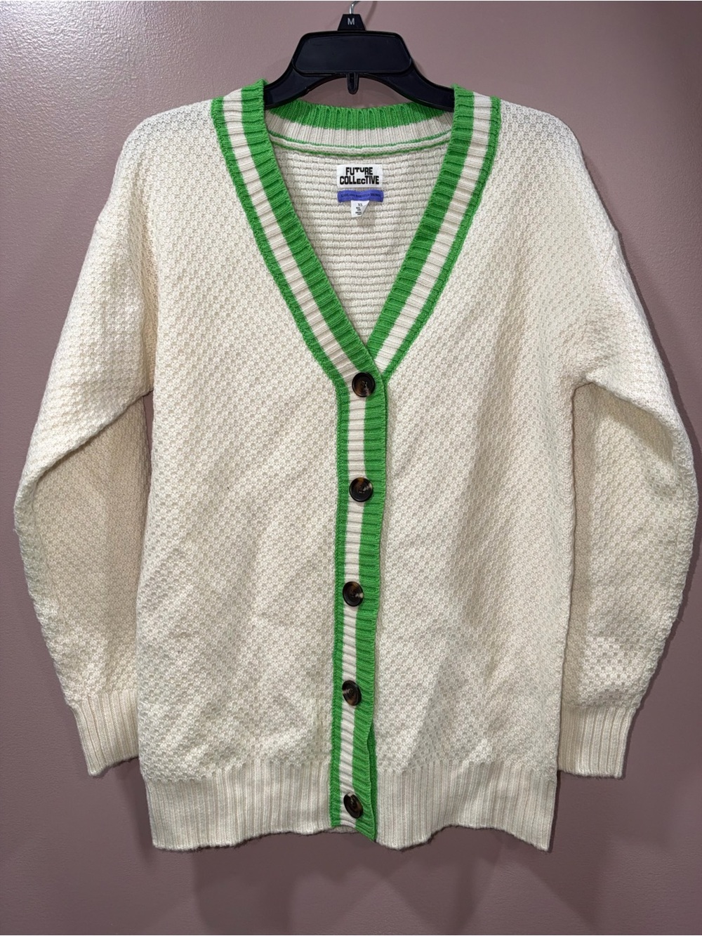 Future Collective x KBB Varsity Cardigan Sweater Size XS Cream Wool Academia